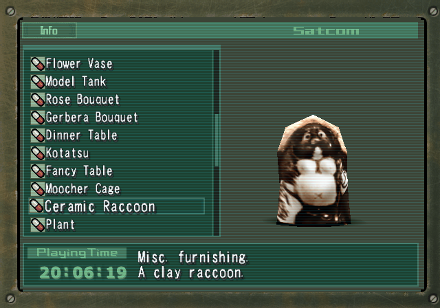 Metal Saga (PlayStation 2) screenshot: You can buy gifts and give them to women. There are even two you'll be able to marry!.. Hmm, do you think a CERAMIC RACCOON is going to woo the ladies?..