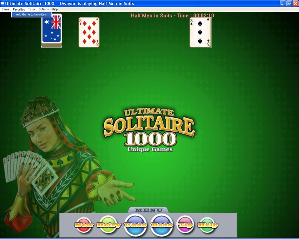 Ultimate Solitaire 1000 (Windows) screenshot: The player can maintain a list of favourite games with this option. No more trying to remember what game it was that was so much fun last wek.