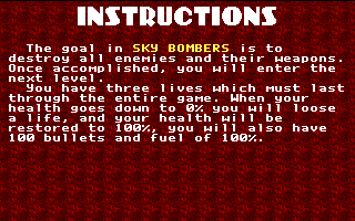 Sky Bombers (DOS) screenshot: The game's help screen