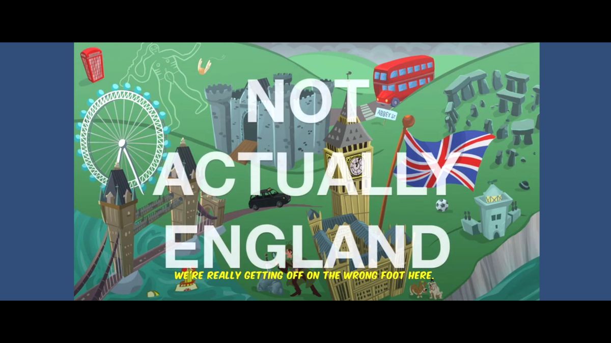 The Adventures of Nick & Willikins (Windows) screenshot: The game starts with a 'This Is England' screen which is then amended as Willikins explains that it's a caricature of England written by an American & a Canadian, thus setting the tone for the game