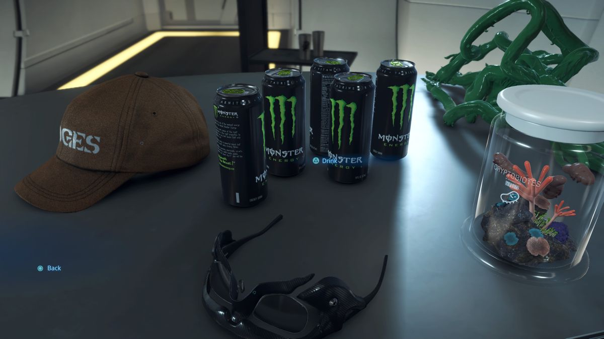 Death Stranding (PlayStation 4) screenshot: Monster energy drink replenishes stamina