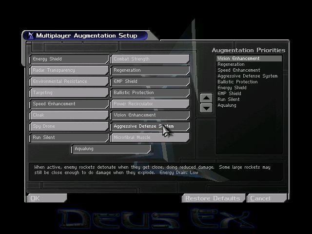 Deus Ex: Game of the Year Edition (Windows) screenshot: As characters can be augmented there are settings to control this too