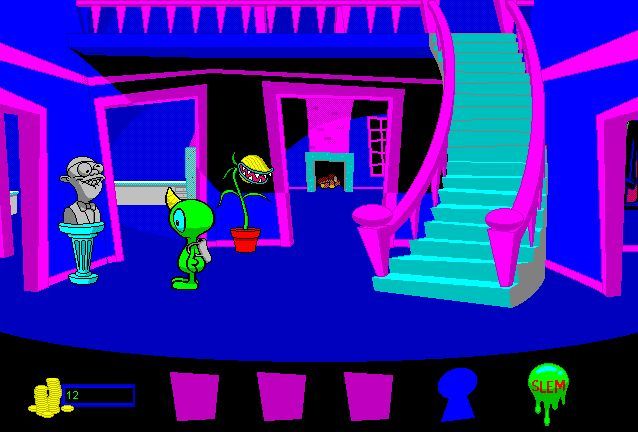 Math Blaster Mystery: The Great Brain Robbery (Windows 3.x) screenshot: Mansion hallway - The animated statue and the flower gives out money. The money is used to pay a fee for taking the math tests, but if you solve the riddles you will gain more as a reward.