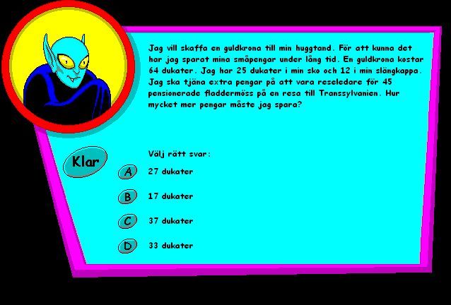 Math Blaster Mystery: The Great Brain Robbery (Windows 3.x) screenshot: The bat can turn into a vampire, who gives you a math quiz. (Swedish version)