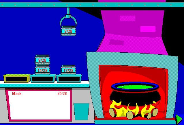 Math Blaster Mystery: The Great Brain Robbery (Windows 3.x) screenshot: The recipe and scales turn out to be a towers-of-hanoi puzzle. You must use *exactly* three containers to fill the cauldron with the required amount, even if two would be enough.