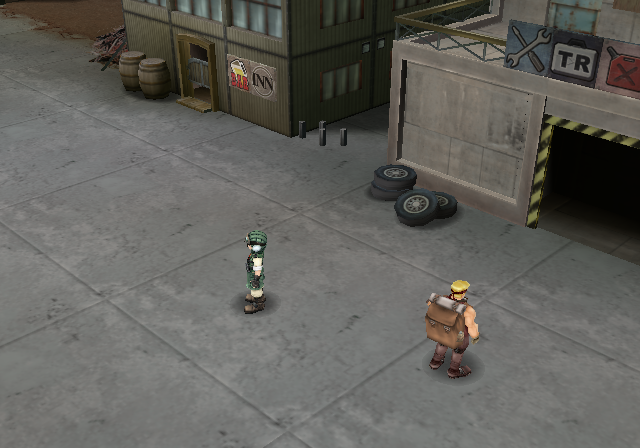 Metal Saga (PlayStation 2) screenshot: Exploring the first town, Junkyard. The camera is right in the middle. Wandering NPCs, sparse detail, post-apocalyptic objects, that kind of thing
