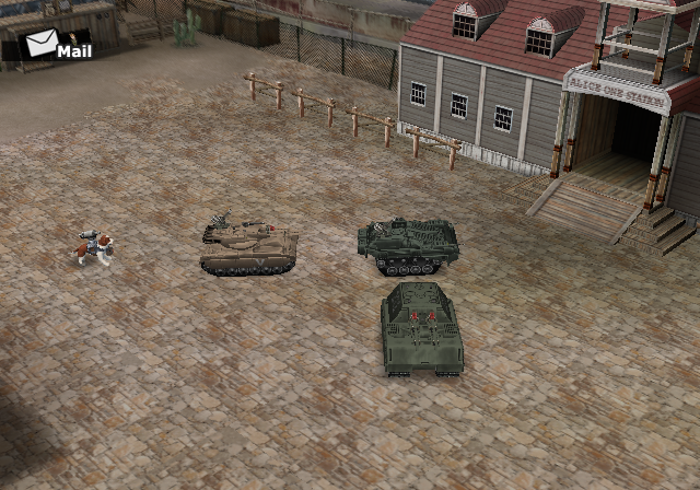 Metal Saga (PlayStation 2) screenshot: You have now assembled a full party; cruising in your tanks through the town of Alice One
