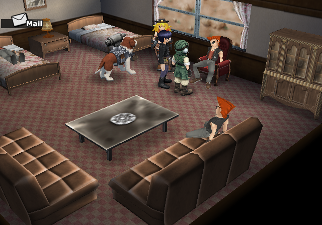 Metal Saga (PlayStation 2) screenshot: On a train - it's quite big and you can explore it. Here, you see some punks in a compartment
