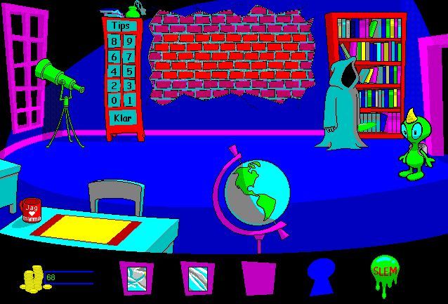 Math Blaster Mystery: The Great Brain Robbery (Windows 3.x) screenshot: An observatory room, where you get numerical questions. You can also get hints, where one to three numbers are already filled in, reducing the reward.