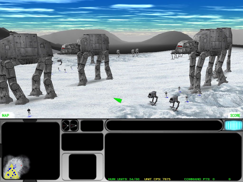Star Wars: Force Commander (Windows) screenshot: Blizzard Force advancing on Rebel positions. Walkers can also carry troopers. Admit it, you bought this game to command these!