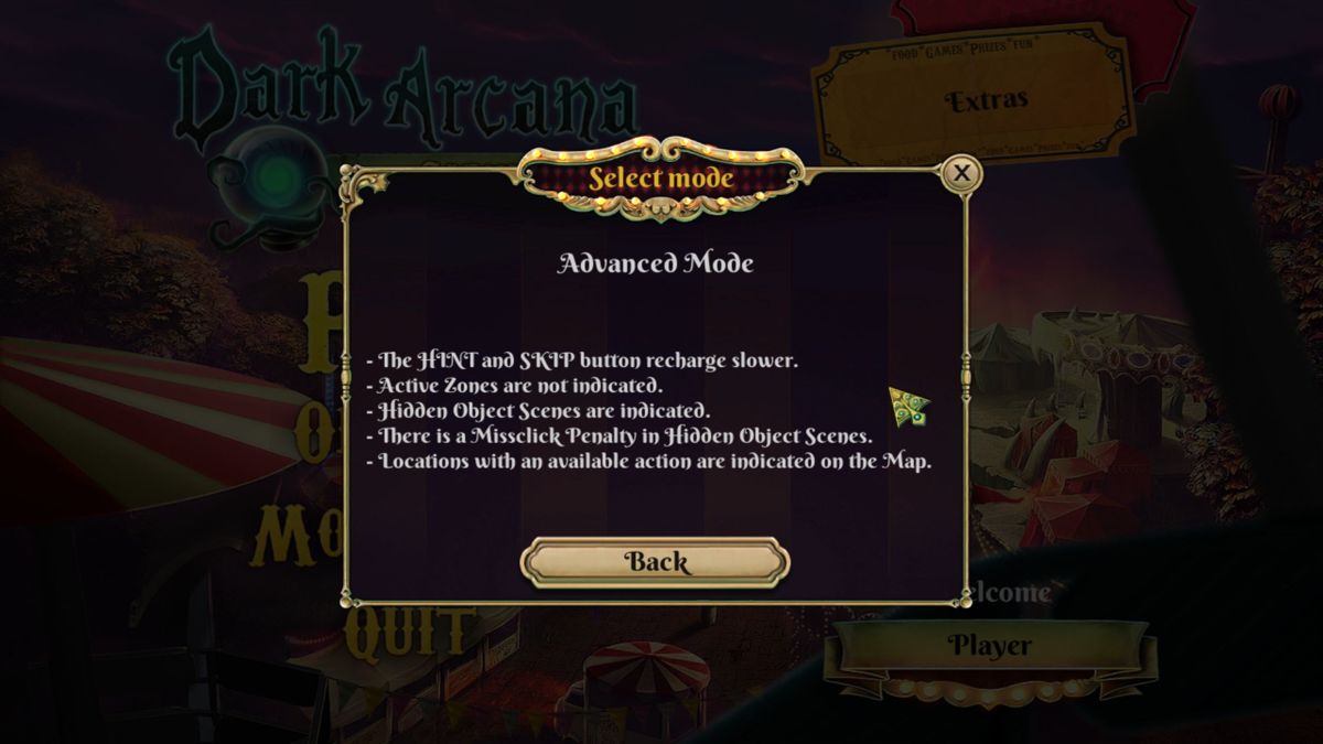 Dark Arcana: The Carnival (Windows) screenshot: The description of the Advanced game mode