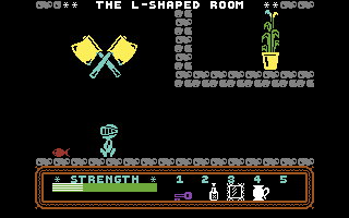 Spellbound (Commodore 64) screenshot: Exploring the L-Shaped room