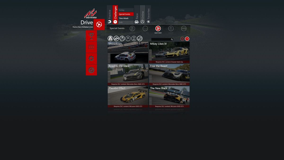 Assetto Corsa (Windows) screenshot: These are the 'Special Events' that are available