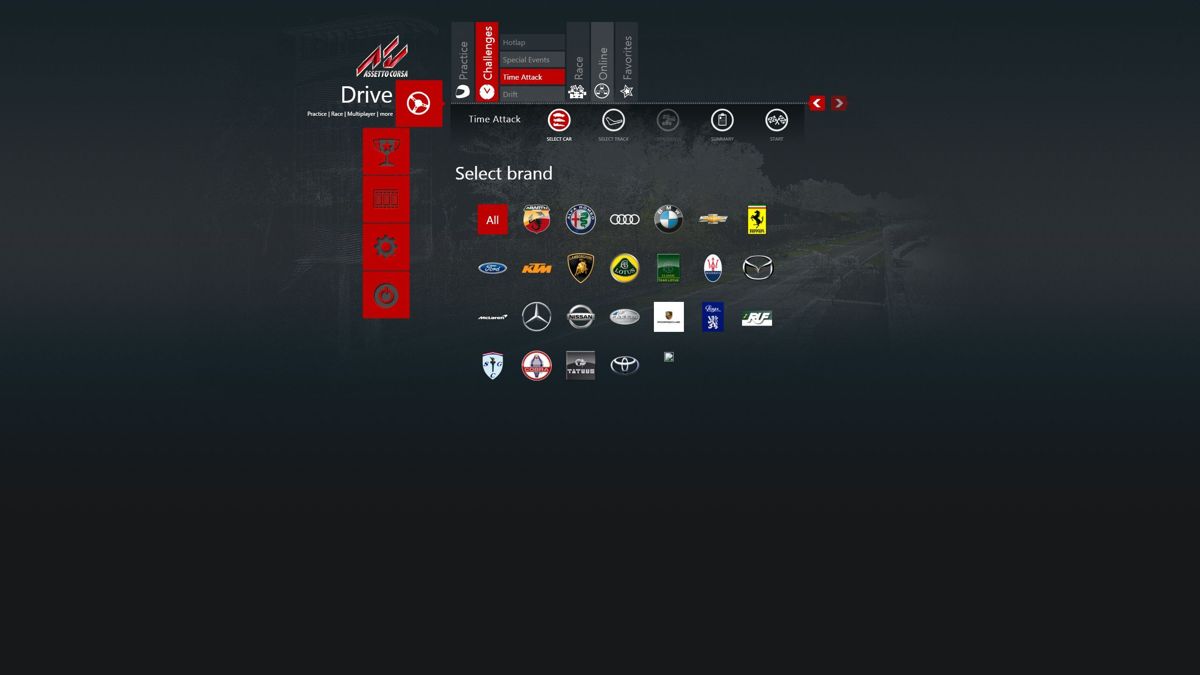 Assetto Corsa (Windows) screenshot: Car selection begins with choosing the brand, twenty five to choose from
