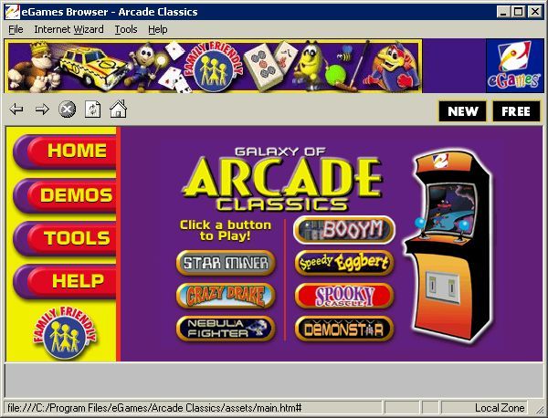 Galaxy of Arcade Classics (Windows) screenshot: The product installs eGames' Game Butler through which the games are accessed. This is the Game Butler under Win 98