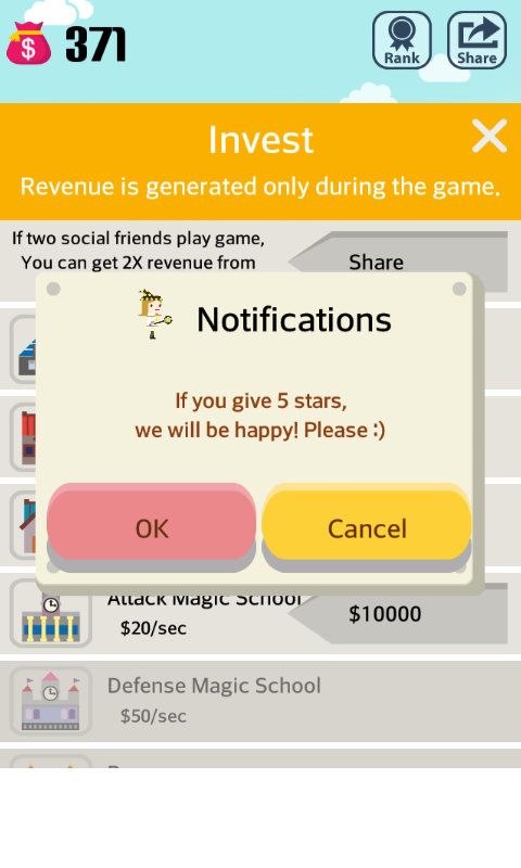 Pocket Wizard: Magic Fantasy! (Android) screenshot: Investment screen, the developer also asked you to further invest some time in getting the good word out.
