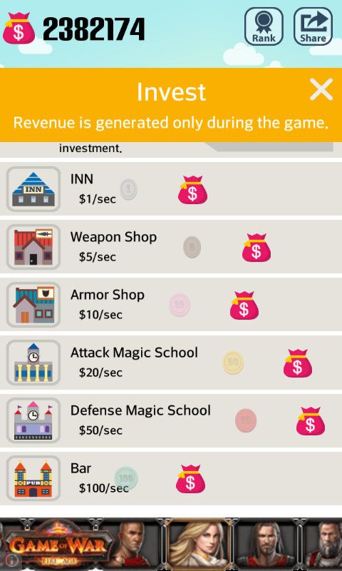 Pocket Wizard: Magic Fantasy! (Android) screenshot: Investments returning