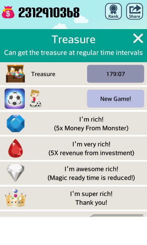 Pocket Wizard: Magic Fantasy! (Android) screenshot: The treasure sheet