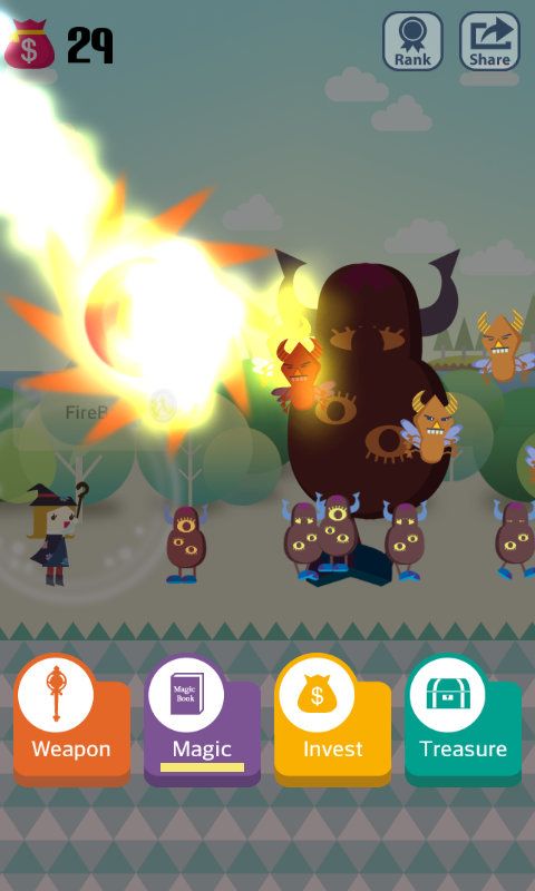 Pocket Wizard: Magic Fantasy! (Android) screenshot: Casting a fireball spell to destroy the monstrosities.