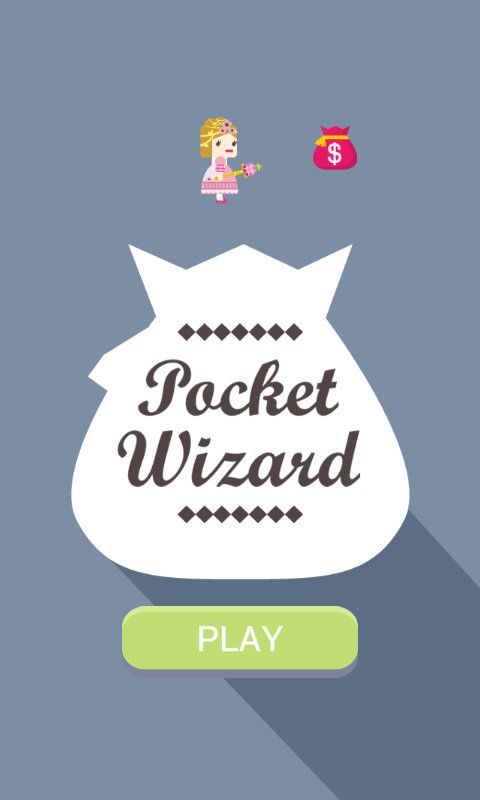 Pocket Wizard: Magic Fantasy! (Android) screenshot: Title screen - the heroine engages in a pecuniary pursuit - her costume reflects the player's most recent upgrades.