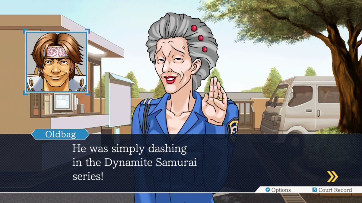 Phoenix Wright: Ace Attorney Trilogy (Nintendo Switch) screenshot: Gyakuten Saiban: Talking to the guard at the Global Studios entrance