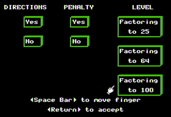 Factor Blast (Apple II) screenshot: Setup
