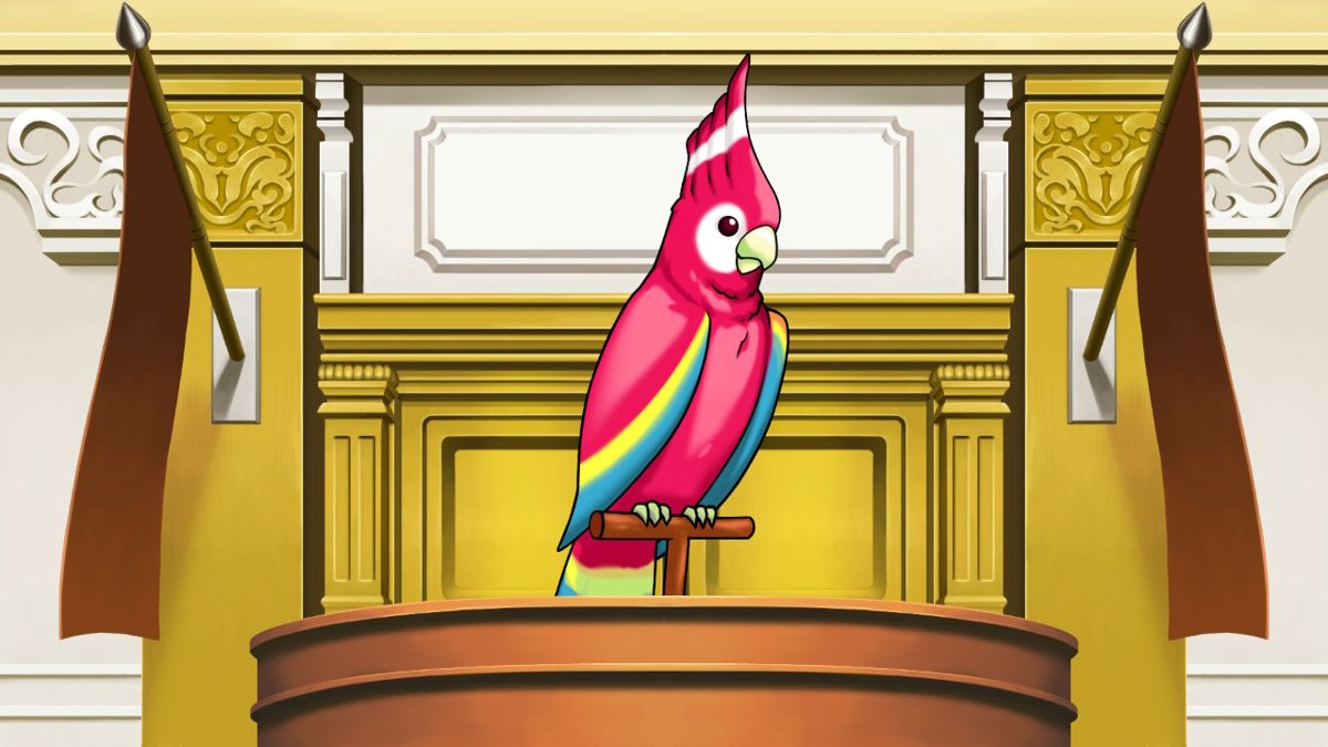 Phoenix Wright: Ace Attorney Trilogy (Nintendo Switch) screenshot: Gyakuten Saiban: The defense calls Polly the parrot as the next witness