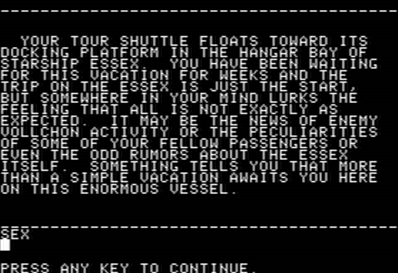 Essex (Apple II) screenshot: Arriving at Spaceport