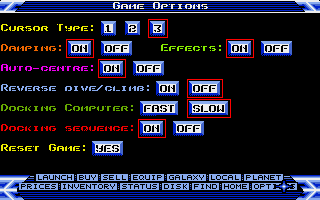 Elite (Amiga) screenshot: Game options
