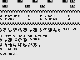Test Your Knowledge of Pop Music (ZX81) screenshot: Correct.