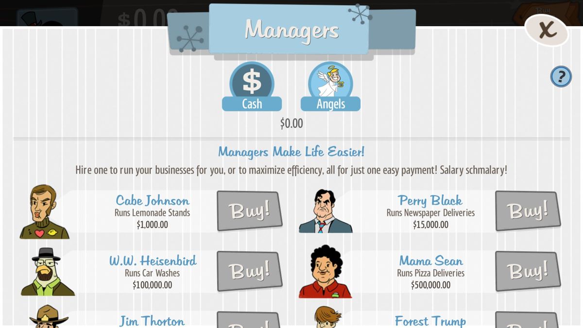 AdVenture Capitalist (Windows) screenshot: This is a clicker game. To start off with you have to click yourself but when sufficient profits have been accumulated a manager can be bought to do it for you