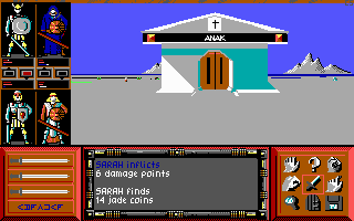 Drakkhen (DOS) screenshot: In the icy north of the island, a temple may be found.