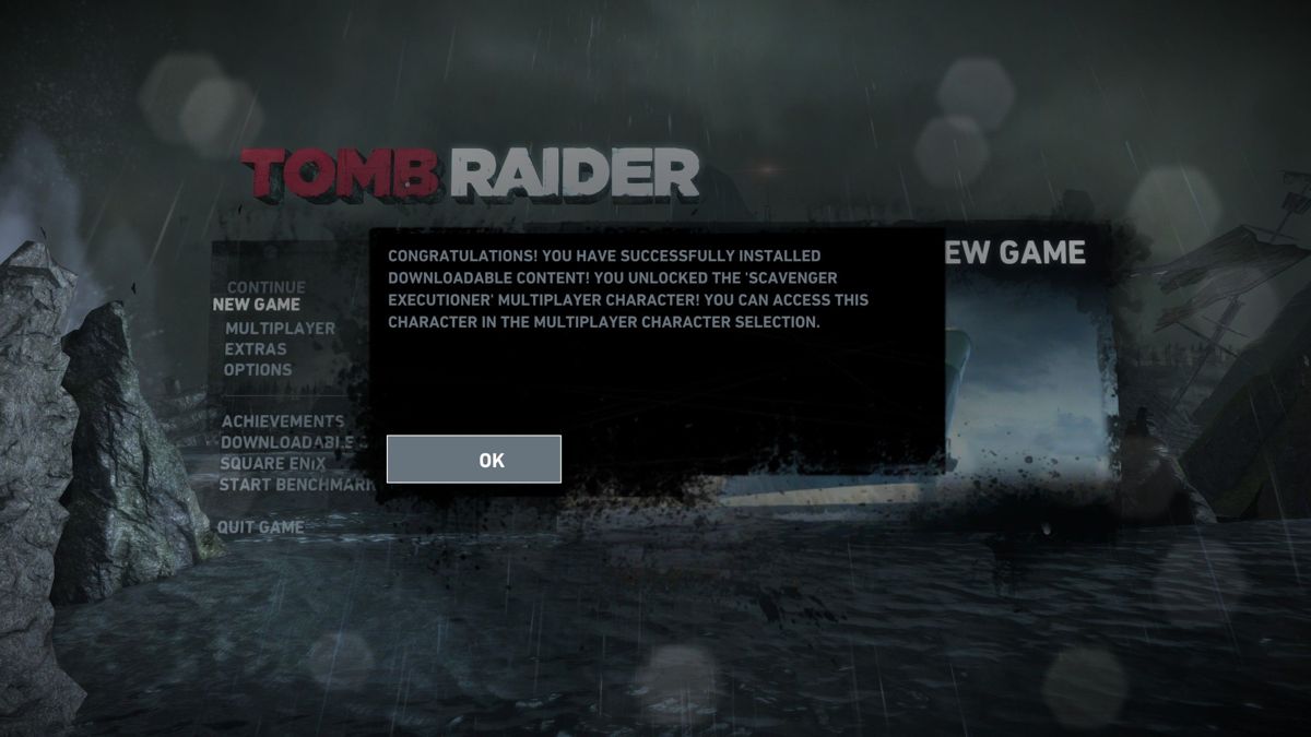 Tomb Raider: Scavenger Executioner (Windows) screenshot: When the game loads it provides confirmation that the downloadable content has been installed