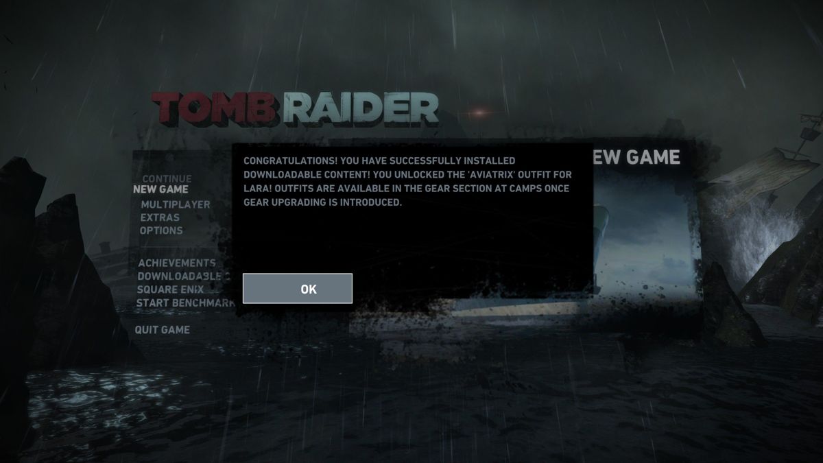 Tomb Raider: Aviatrix Skin (Windows) screenshot: When the game loads it provides confirmation that the downloadable content has been installed