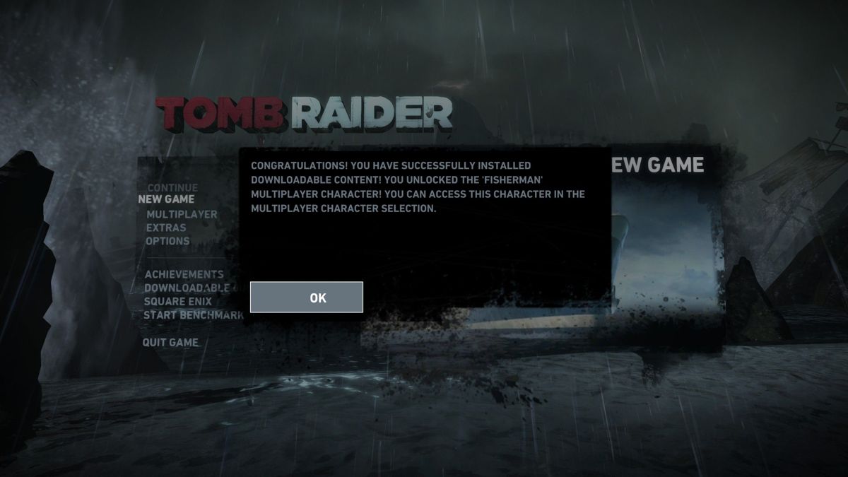 Tomb Raider: Fisherman (Windows) screenshot: When the game loads it provides confirmation that the downloadable content has been installed