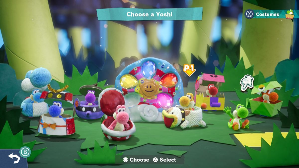 Yoshi's Crafted World (Nintendo Switch) screenshot: Players can choose from a selection of different colored Yoshi's to play as. Unlockable costumes can also be applied.