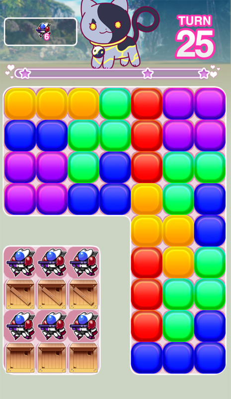 Neco Drop: Cat Friends Nation (Browser) screenshot: Some stages have unique layouts instead of a simple grid. Here, the gap means that players can't do normal combos next to the boxes; the only option is to make special items that can reach that far.