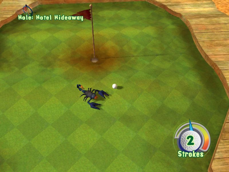 3D Ultra Mini Golf Adventures (Windows) screenshot: The curse of the scorpion, bad luck, it collided with the ball. Who said it's my fault because I was warned ?