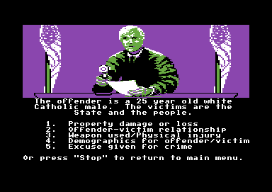 Crime and Punishment (Commodore 64) screenshot: Spookily, that could almost be me