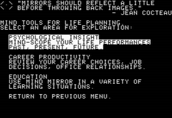 Timothy Leary's Mind Mirror (Apple II) screenshot: Choosing Area of Introspection