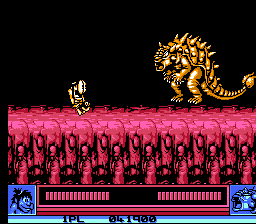 Joe & Mac: Caveman Ninja (NES) screenshot: This boss is an upright walking Euoplocephalus.