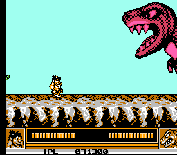 Joe & Mac: Caveman Ninja (NES) screenshot: A magenta T-Rex!