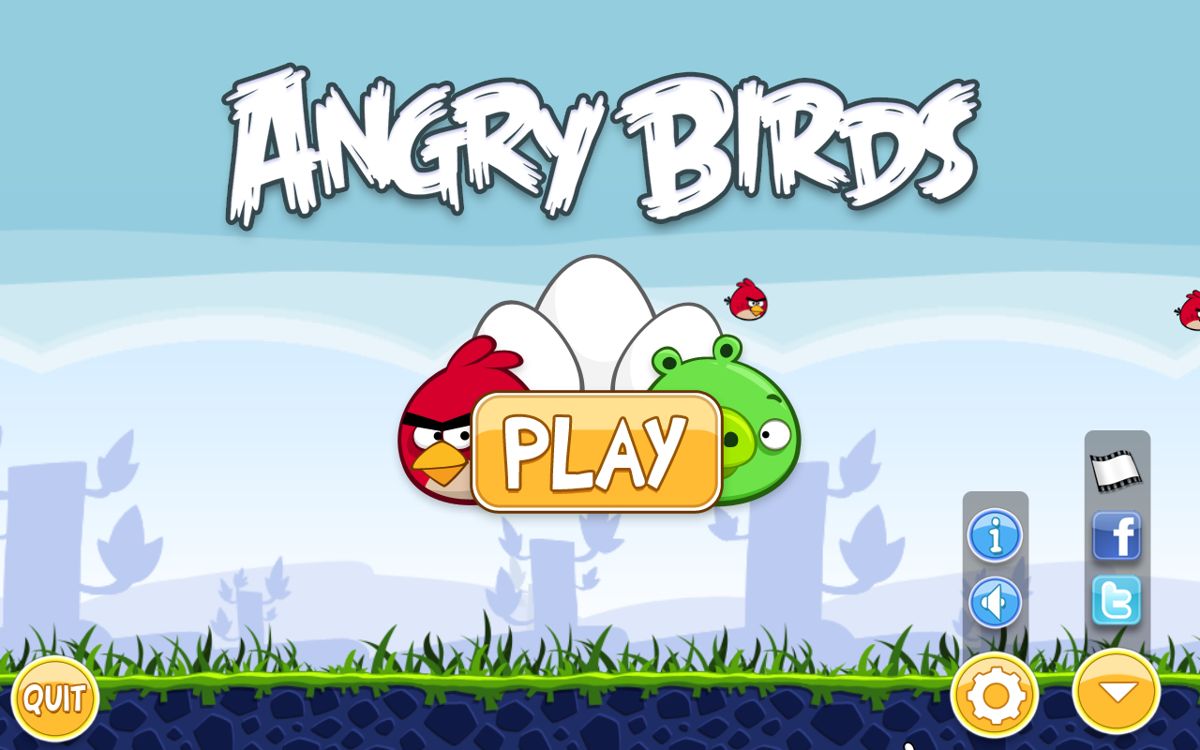 Angry Birds (Macintosh) screenshot: Macintosh Title Screen (note the links to Facebook and Twitter.)