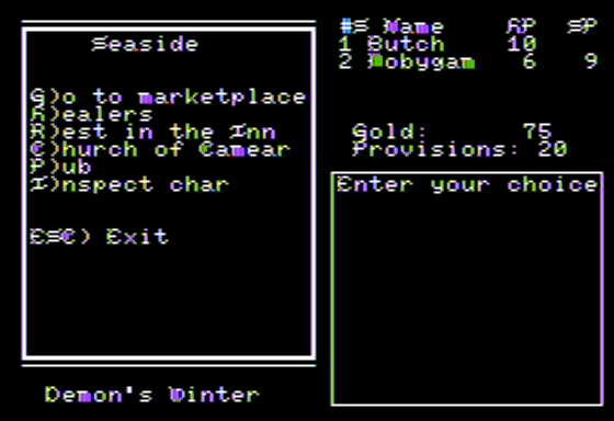 Demon's Winter (Apple II) screenshot: Town Main Menu
