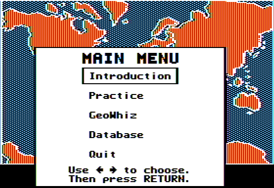 Geo Whiz: A World Geography Program (Apple II) screenshot: Main Menu