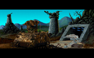 The Terminator: Rampage (DOS) screenshot: animation shows what is going on in Cheyenne Mountains in 1988...