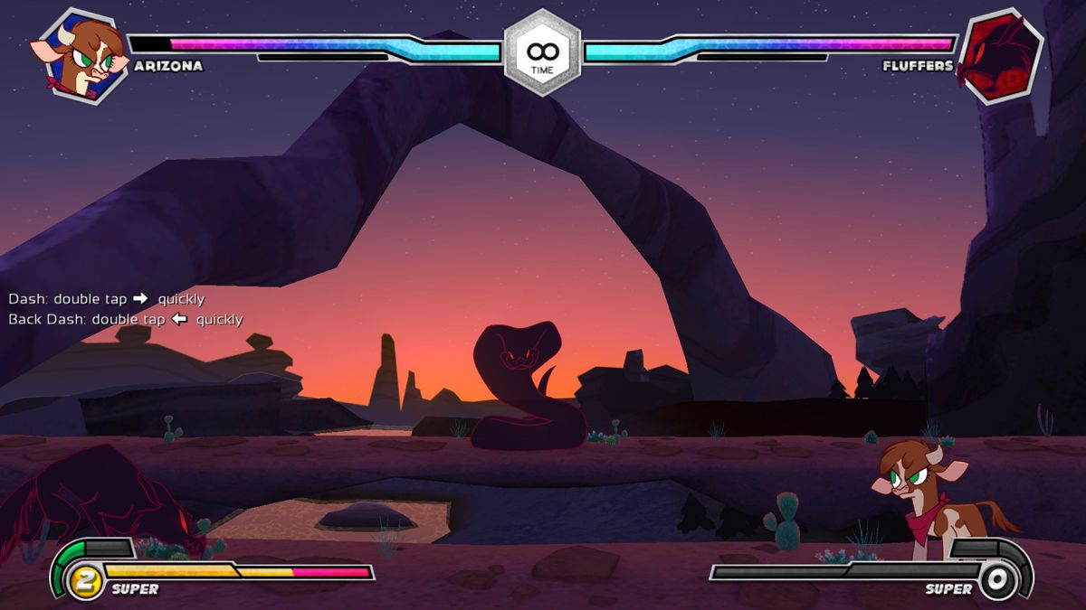 Them's Fightin' Herds (Windows) screenshot: Story mode chapter 1, first boss is a snake. During phase 2, you also have to fight a coyote while avoiding raining venom.