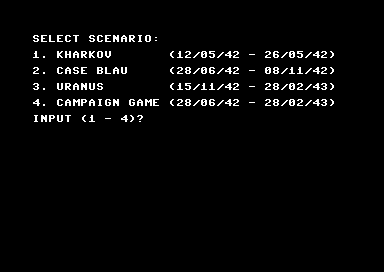 The Stalingrad Campaign (Commodore 64) screenshot: Scenario Selection