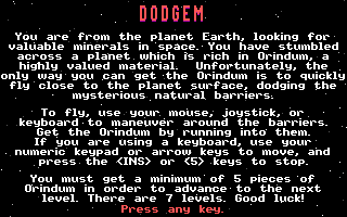 Dodgem (DOS) screenshot: The game's backstory, every game should have one