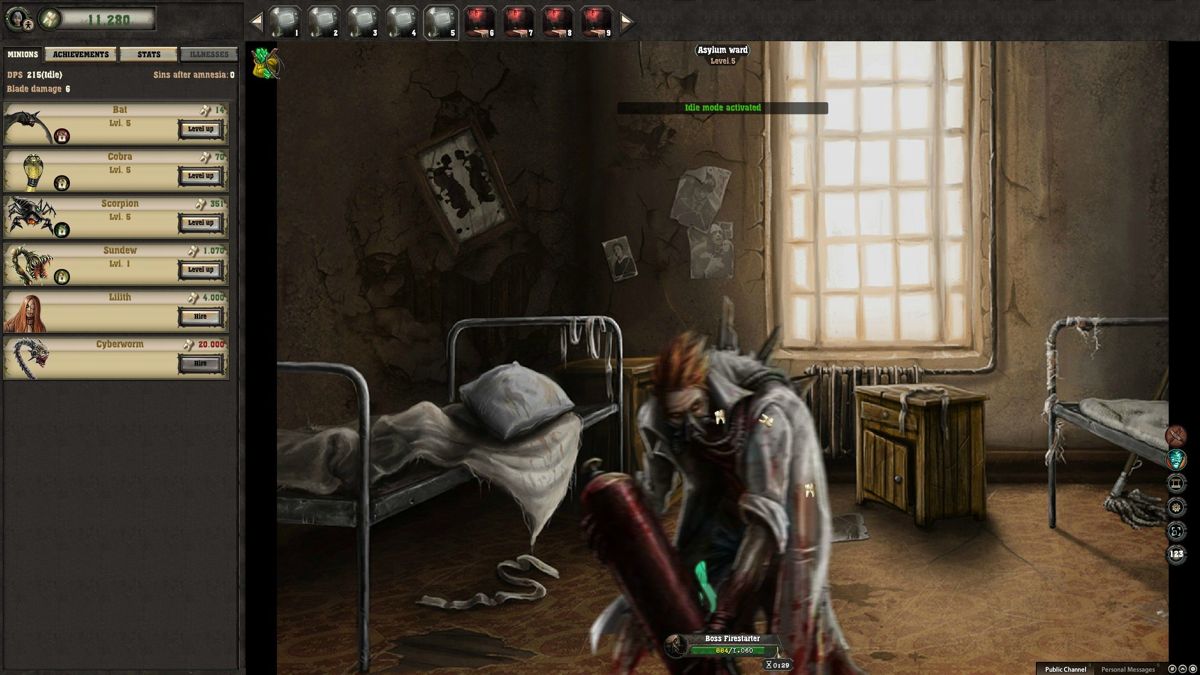 Insanity Clicker (Windows) screenshot: After defeating the boss in the tenths room the game returned to an earlier and activated idle mode. In this mode the game played itself, the score increased with no need to click